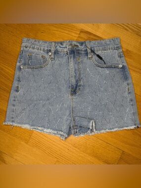 VIGOSS Denim Shorts 5/27 Rhinestone Diamond Raw Hem NWT Sparkle Boho Y2K McBling